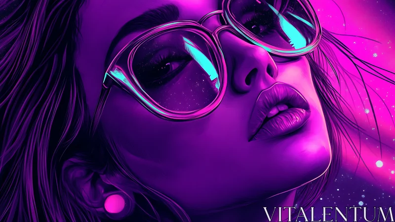 Neon stargazer in glossy shades under electric night sky.