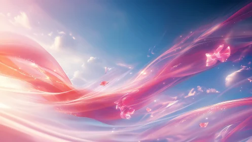Iridescent pink ribbons adrift across a luminous skyscape.