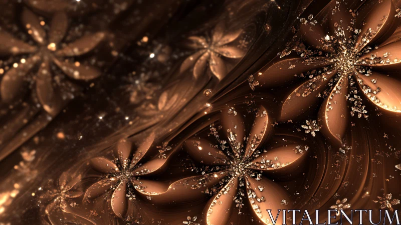 Fractal floral forms radiate across metallic brown waves