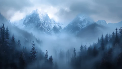Snow-covered mountain range rises above dense forest fog