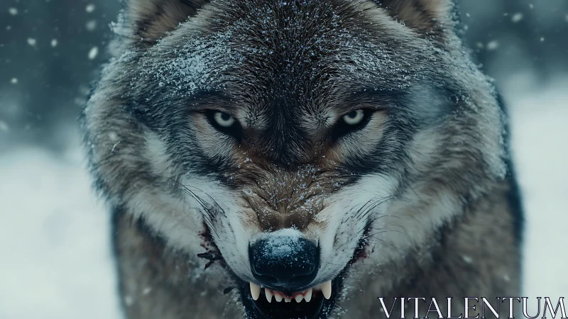 Snarling winter wolf stares forward through swirling snow