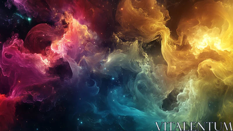 Multi-colored gaseous nebula clouds occupy a dark star field