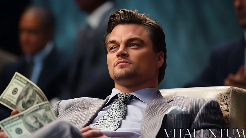 Man in striped suit holding US dollar banknotes indoors.