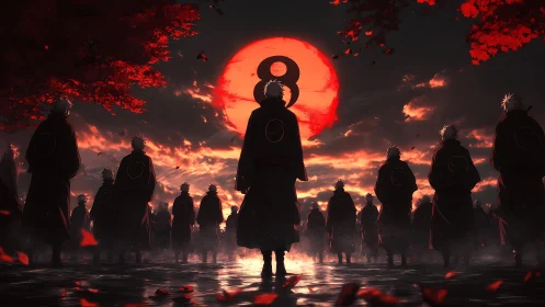 Red moon cult silhouettes under burning twilight sky.