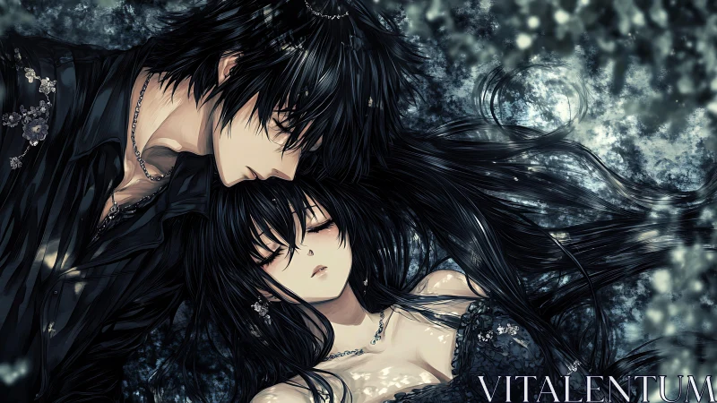 Dark-haired anime lovers resting under moonlit bokeh.