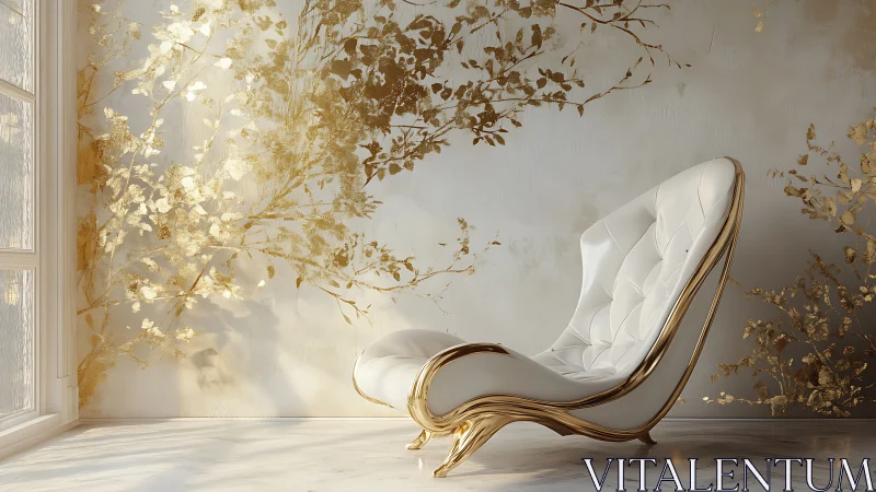Curved white lounge chair is positioned before gilded wall art