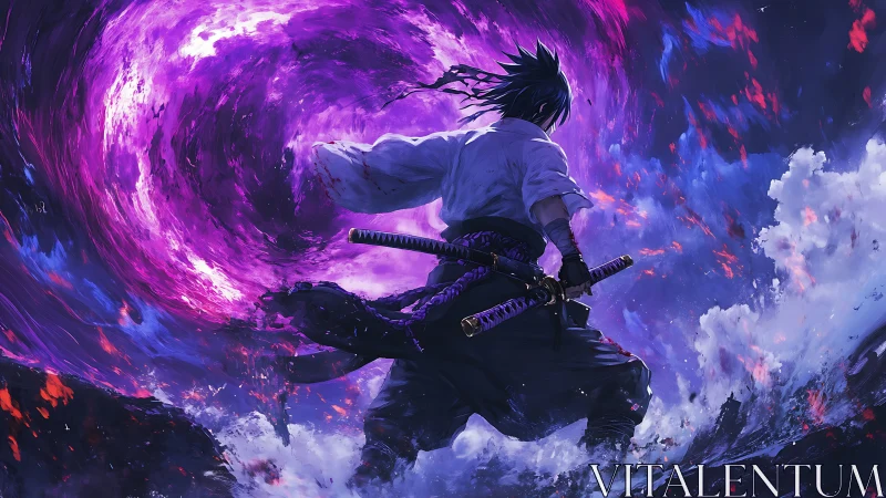 Swordsman commands swirling violet energy vortex sky