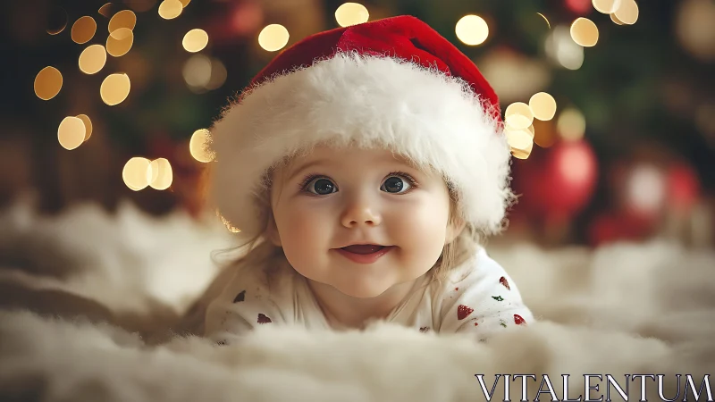 Smiling infant in Santa hat against defocused festive bokeh lights