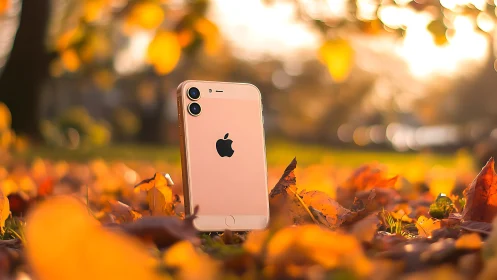 A rose gold iPhone glows beautifully among autumn leaves.