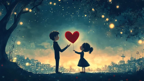 Two Children Share a Glowing Red Heart Balloon Under Starlit Sky.