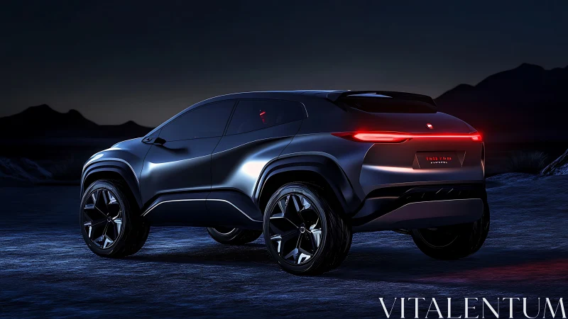Electric SUV concept glows over dark desert landscape at night