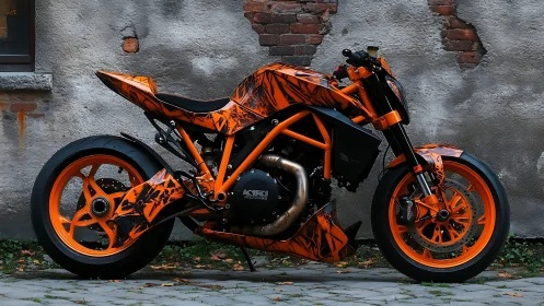 Custom orange streetfighter motorcycle rests by worn brick wall