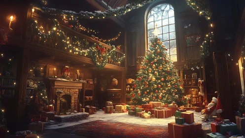 Christmas tree dominates richly decorated library interior