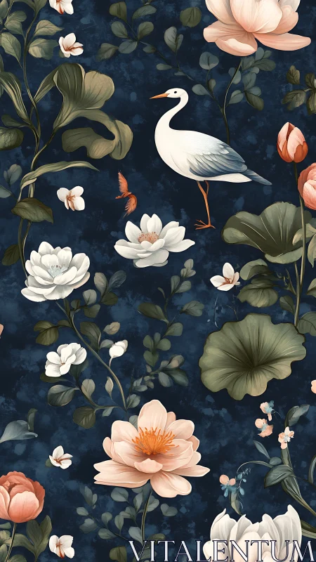 White heron among lotus flowers on deep blue ground.