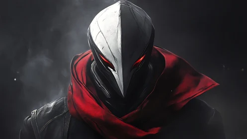 Crimson hooded sentinel studies the dark with burning eyes