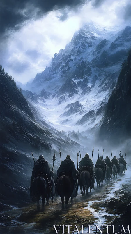 Epic riders ascending a glacial mountain pass, digital painting.