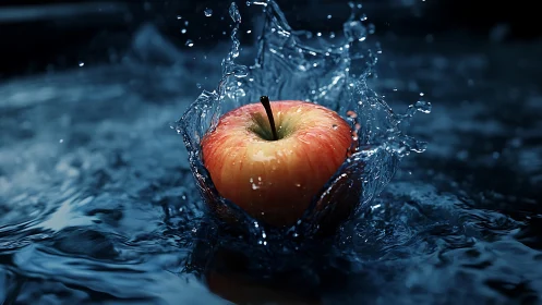 Crisp red apple plunging into dramatic water splash.
