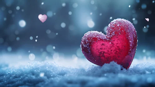 Frozen Red Heart Rests in Winter Snow and Frost.