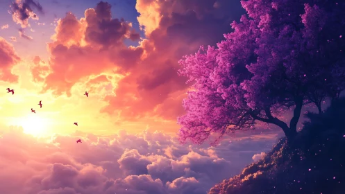 Radiant sunset clouds surround solitary pink blossom tree