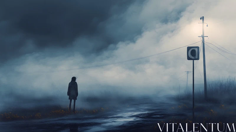 Fog-drenched road contemplates a lone wanderer and quiet wires