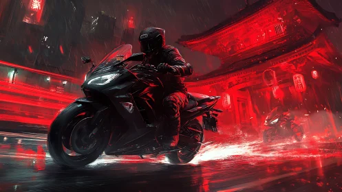 Motorcyclist in neon red rain near temple at night.