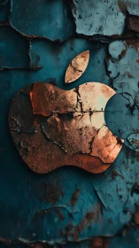 Weathered metallic apple emblem against teal cracked wall.