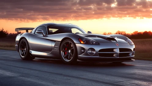 Silver sports coupe captures sunset reflections on open roadway