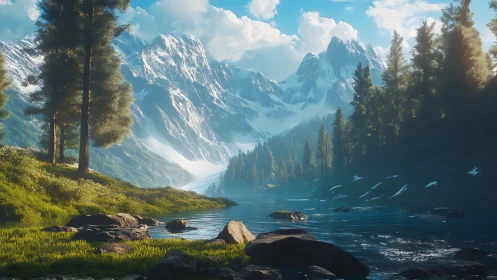 Procedurally rendered alpine river valley with volumetric lighting.