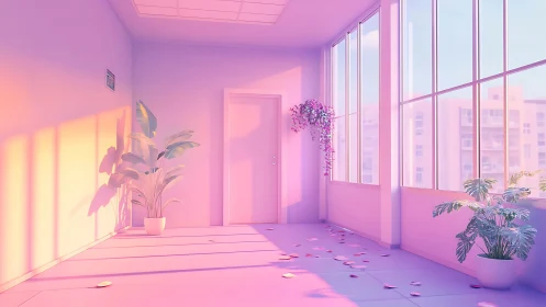 Sunlit pastel corridor with plants and scattered petals.