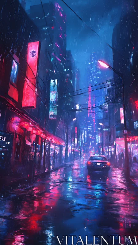 Rain-soaked neon street with taxi in dense urban district.