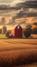 Red barn in golden cornfield under dramatic sunset clouds.