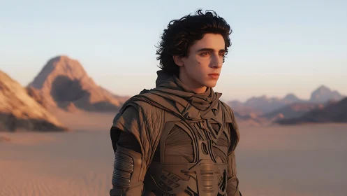 Photorealistic desert portrait in tactical exosuit attire.