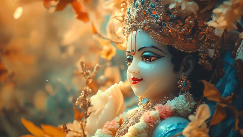 Ornate deity statue rendered in warm, shallow-focus lighting