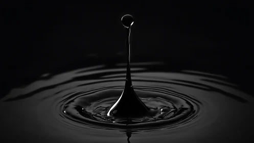 Single dark liquid drop column with circular surface ripples.