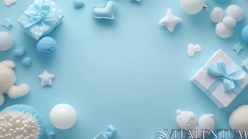 Blue and white baby celebration arrangement with gifts and ornaments.