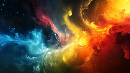 Multicolored swirling nebula forms in deep space field.