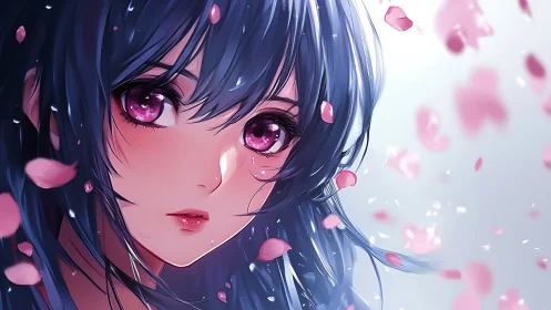 Melancholic anime girl gazes through drifting cherry petals