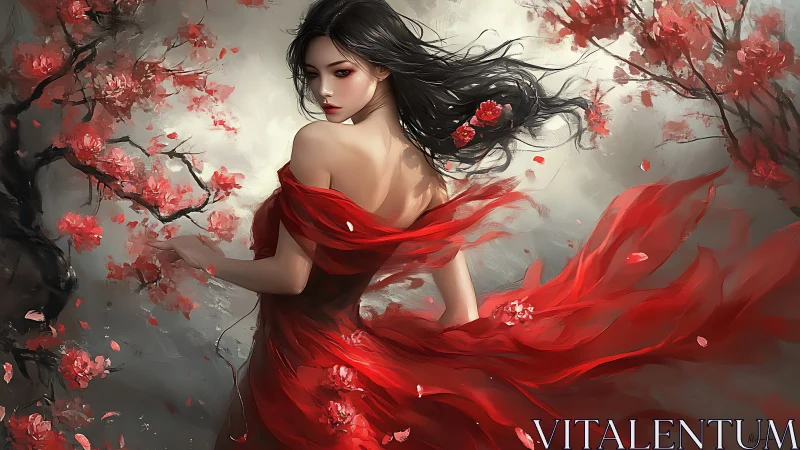 Red-gowned woman in cherry blossoms rendered as digital painting
