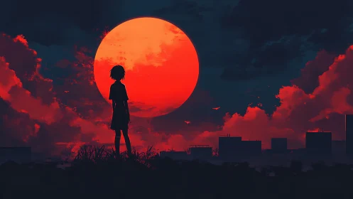 Anime silhouette against crimson supermoon skyline study.