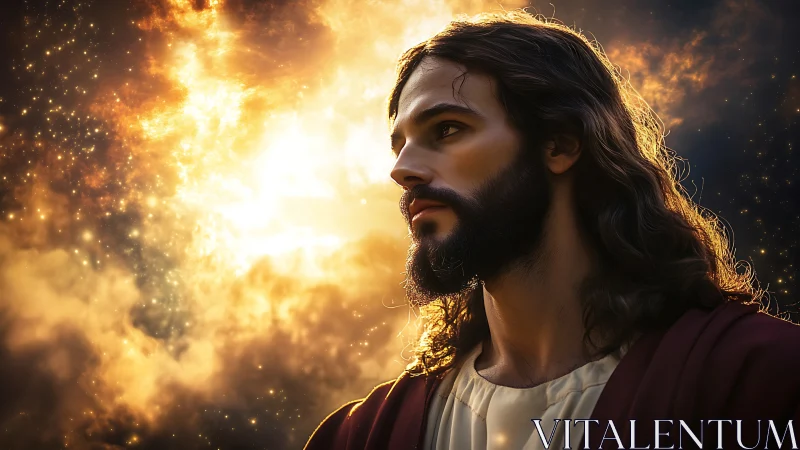 Digital painting portrait with radiant celestial backlight composition.