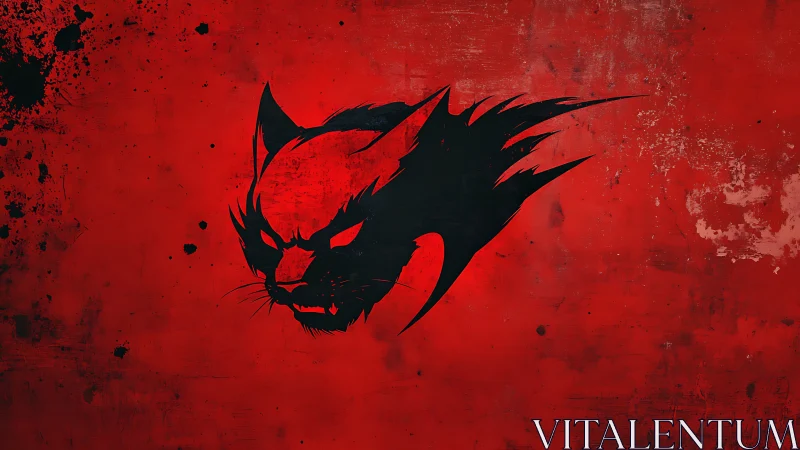 Aggressive feline emblem on distressed crimson backdrop.