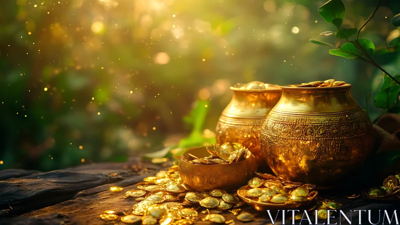 Digital painting of ornate gold pots on forest treasure table.