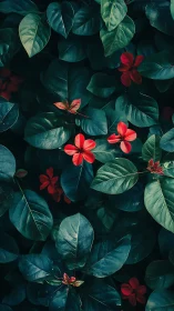 Vibrant Red Flowers Against Deep Teal Foliage in Natural Botanical Composition