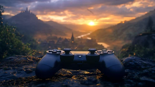 DualShock controller on cinematic fantasy valley at sunset.