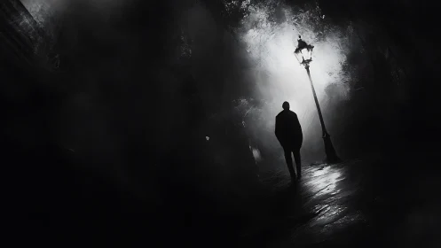 Solitary figure under streetlamp in dark misty alleyway.