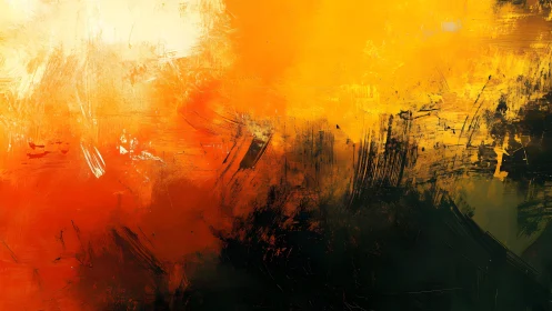 Vivid Abstract Painting in Warm Orange and Yellow Brushstrokes.