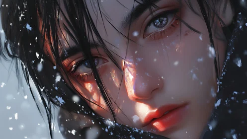 Close-up digital portrait shows face partially covered in snow