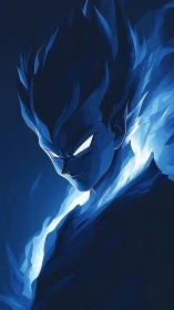 Brooding blue warrior wrapped in glowing flame-like energy.