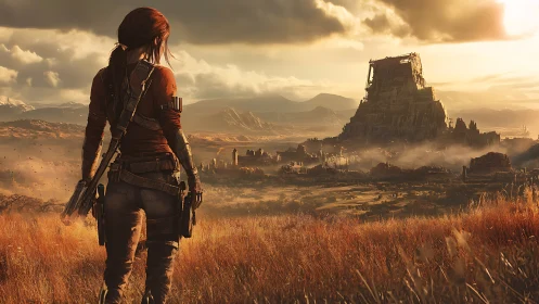 Heavily armed explorer surveys ruined monolithic fortress at sunset