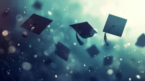Graduation caps are suspended in midair within blurred depth